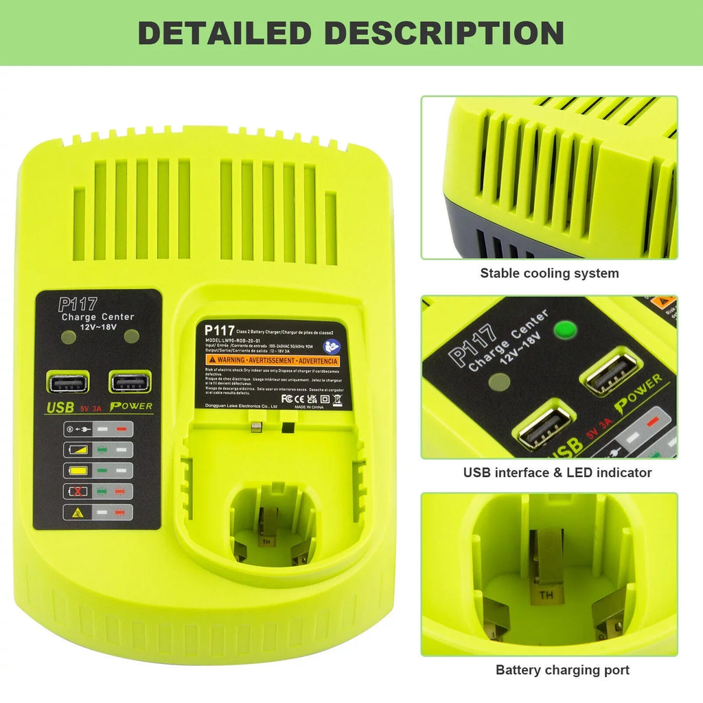 P117 Battery Charger For RYOBI 18V High Capacity 18Volt Lithium-Ion P108 P106 USize