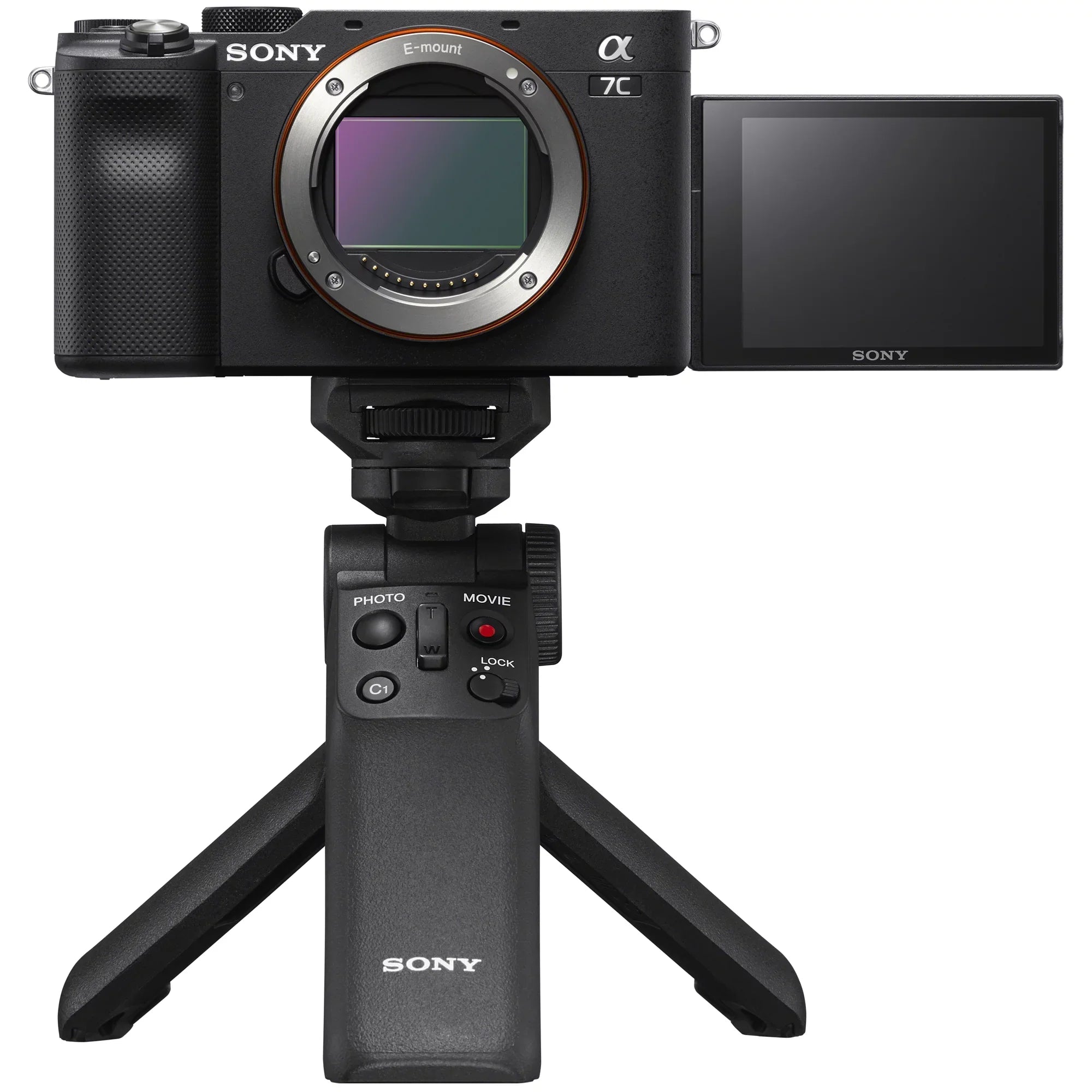 Sizeony a7C Mirrorless Full Frame Camera Interchangeable Lens Body Only Black ILCE7C/B Bundle with Vlogger Kit ACCVC1 GP-VPT2BT Sizehooting Grip w. Wireless Remote + 2 Battery + Deco Gear Bag & Accessories