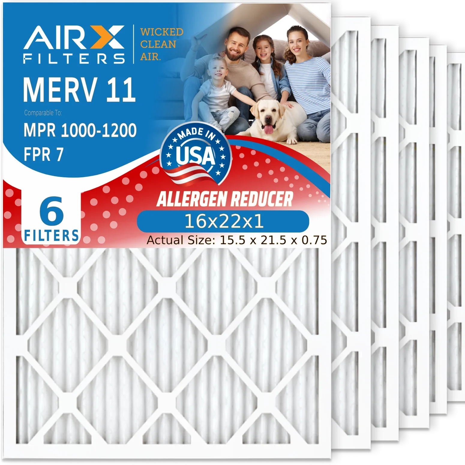 16x22x1 Air Filter MERV 11 Comparable to MPR 1000, MPR 1200 & FPR 7 Electrostatic Pleated Air Conditioner Filter 6 Pack HVAC Premium USizeA Made 16x22x1 Furnace Filters by AIRX FILTERSize WICKED CLEAN AIR.