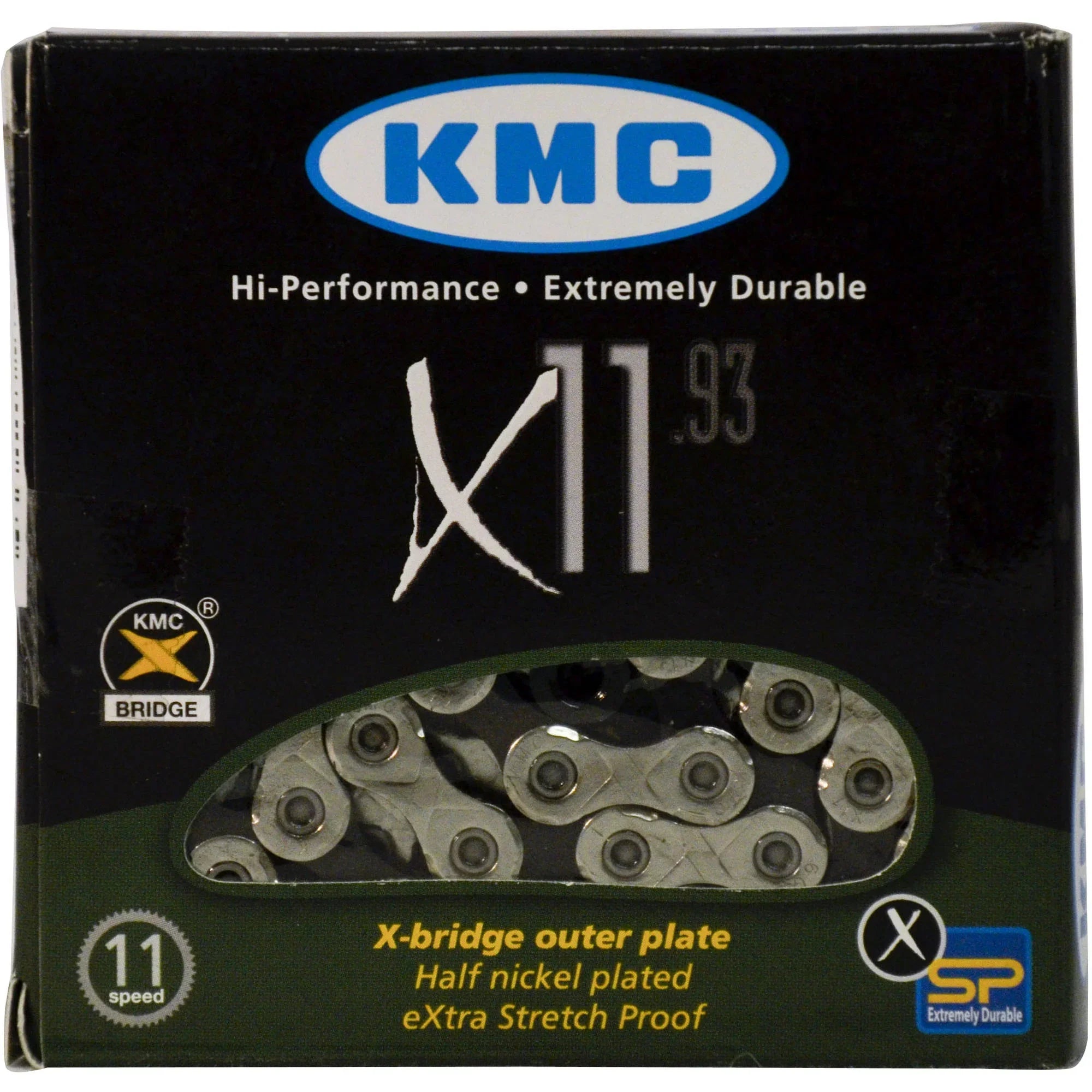 KMC Chain X11.93 11 Sizepeed Bicycle Chain 1/2 x 11/128 in, 118 links Nickel Plated Bike Chain