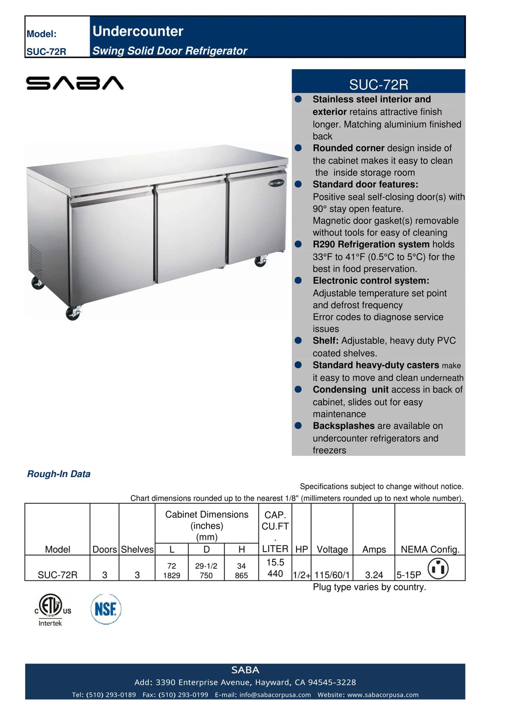 Heavy Duty Commercial 72" Three Door Undercounter Refrigerator