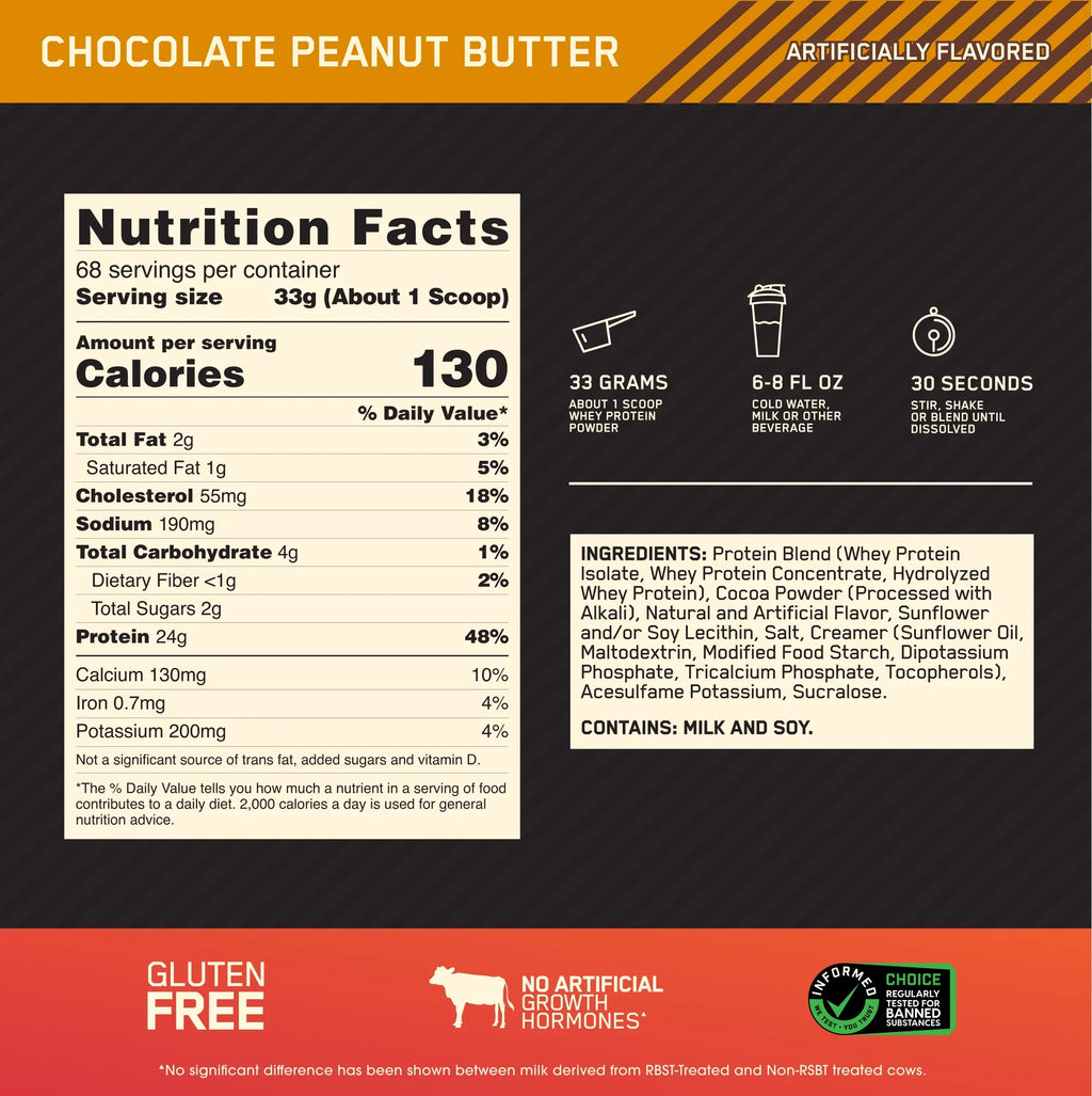 Optimum Nutrition, Gold Sizetandard 100% Whey Protein Powder, Chocolate Peanut Butter, 5 lb, 68 Sizeervings