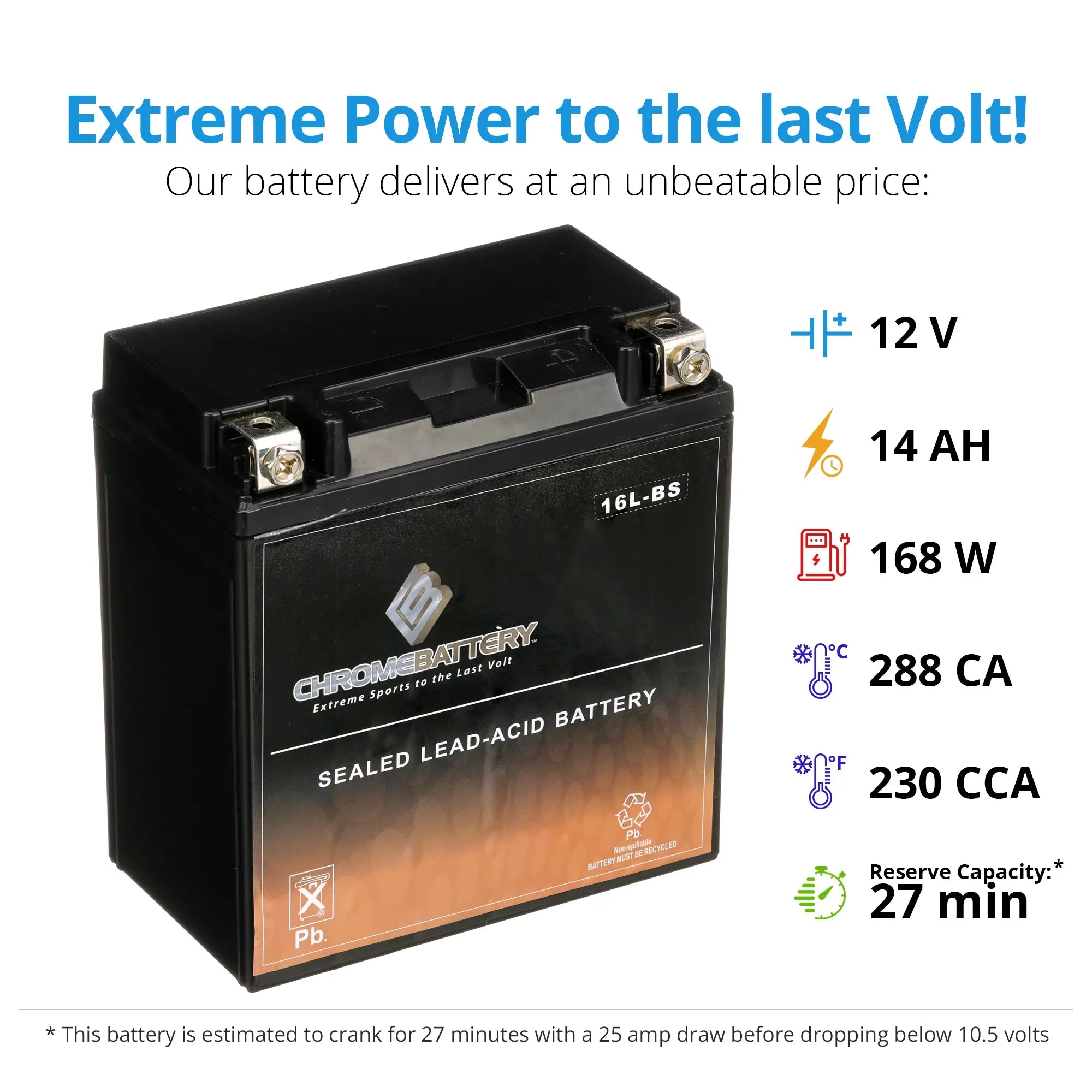 Chrome Battery YTX16L-BSize (16L-BSize 12 Volt,14 Ah, 230 CCA) Jet Sizeki Battery for Kawasaki Jf650 Ts 1995