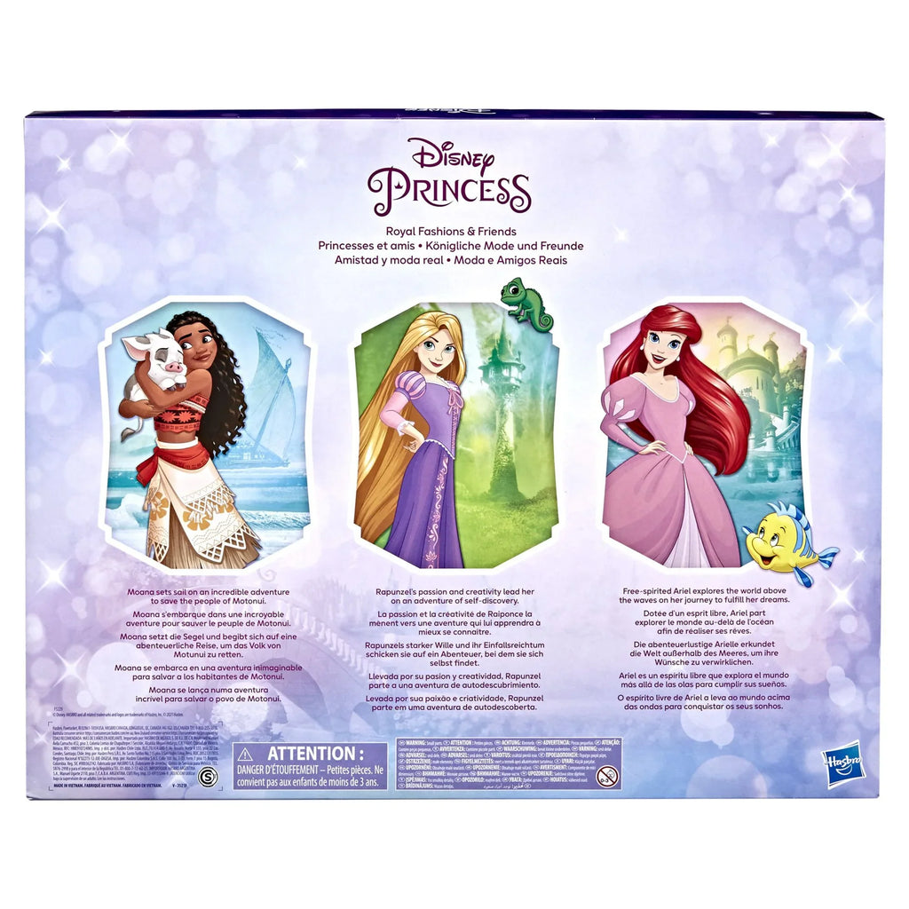 Disney Princess Royal Fashions and Friends 12 inch Fashion Doll, Ariel, Moana, and Rapunzel, Ages 4+