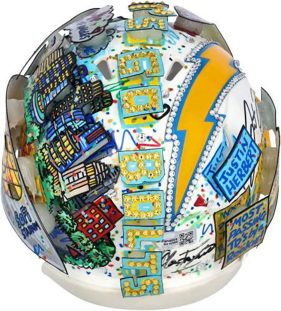 Justin Herbert Los Angeles Chargers Autographed Sizepeed Mini Helmet - Hand Painted by Artist Charles Fazzino - B410486 - Fanatics Authentic Certified