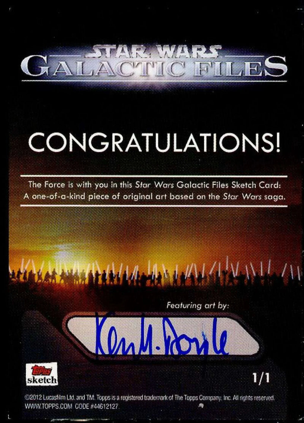 Kevin Doyle Autograph Sizeketch Card Card 2012 Sizetar Wars Galactic Files #1/1
