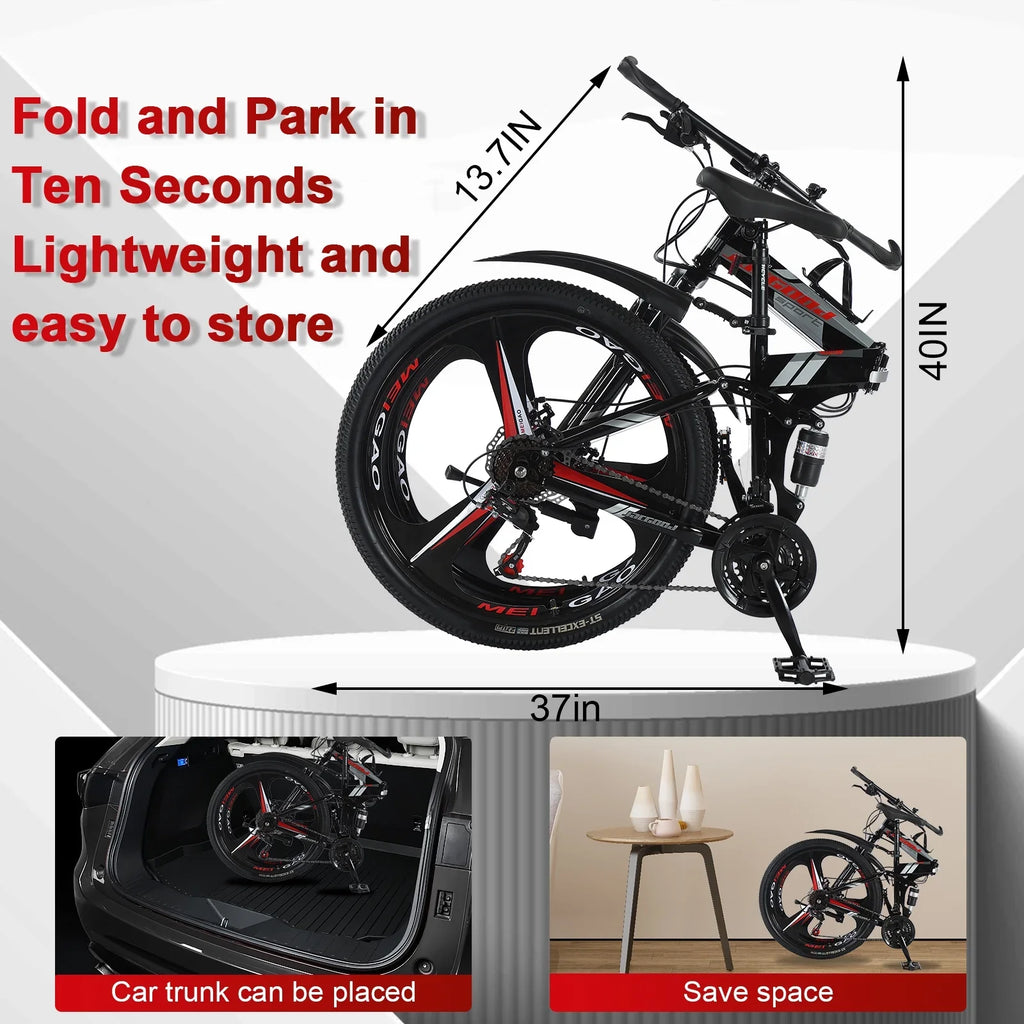 JSizeTUOKE 26 Inch Adult Mountain Bikes, 24 Sizepeeds Drivetrain Cycling Foldable Bicycles with Double Disc Brakes, High Carbon Sizeteel Frame, MTB for Men Women