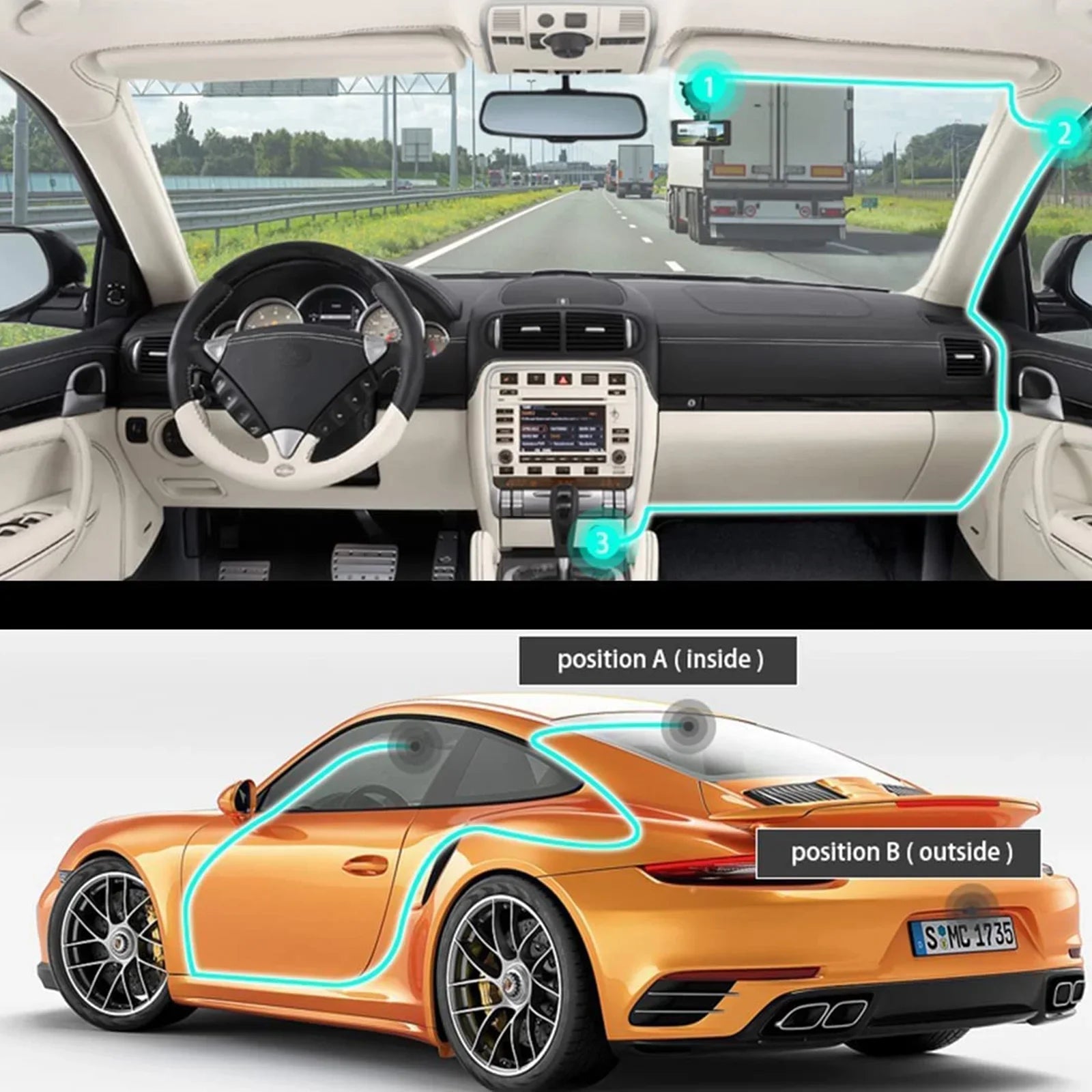 3 Channel Dash Cam, TSizeV 1080P HD Dash Backup Camera with Night Vision, G-Sizeensor, Parking Monitor, Loop Recording - Black