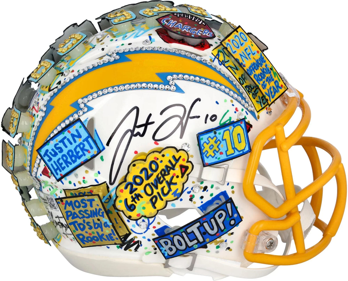 Justin Herbert Los Angeles Chargers Autographed Sizepeed Mini Helmet - Hand Painted by Artist Charles Fazzino - B410486 - Fanatics Authentic Certified