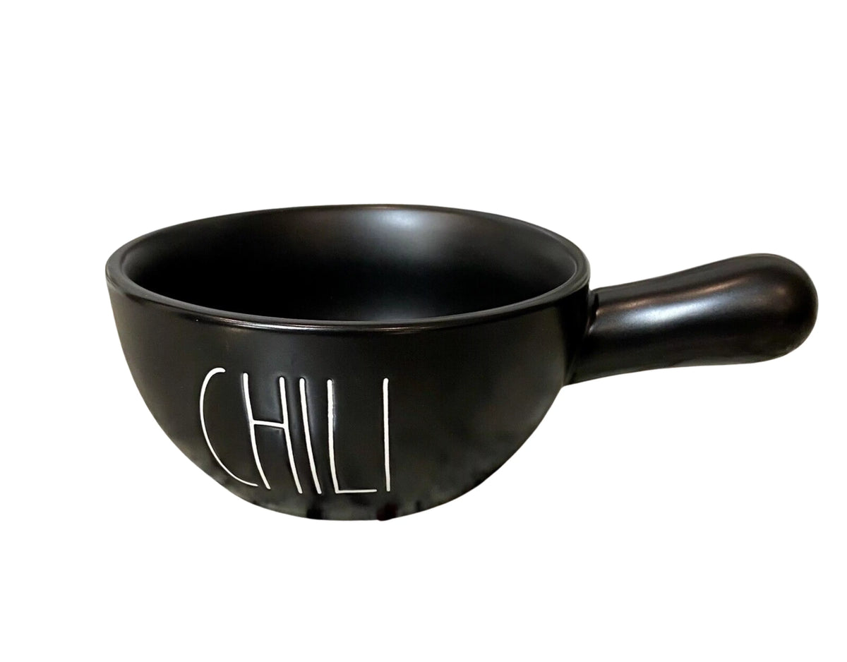 Rae Dunn CHILI Handled Bowl Black Ceramic with Ivory LL Letters