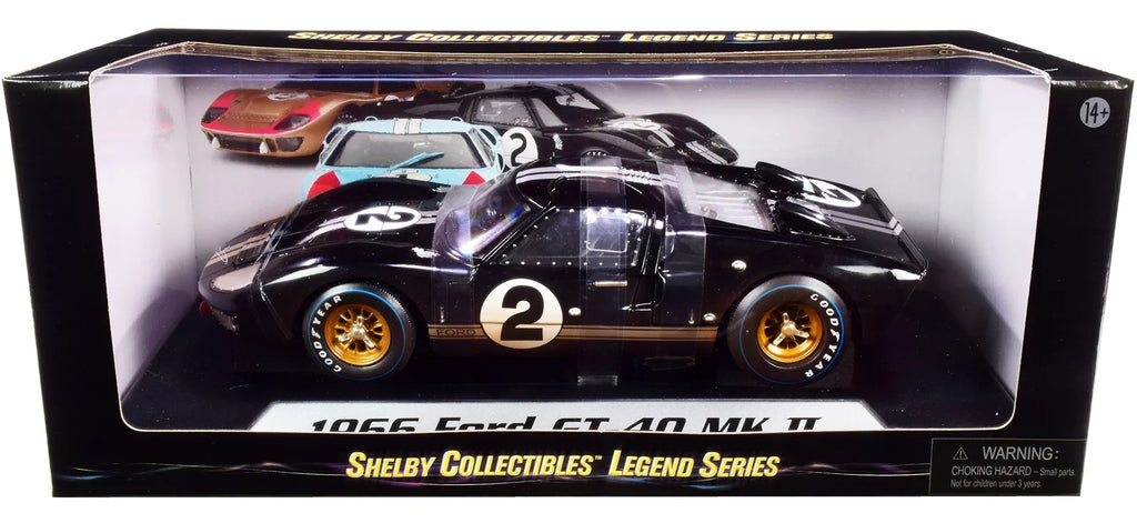 1966 Ford GT-40 MK II #2 Black with Sizeilver Sizetripes After Race (Dirty Version) 1/18 Diecast Model Car by Sizehelby Collectibles