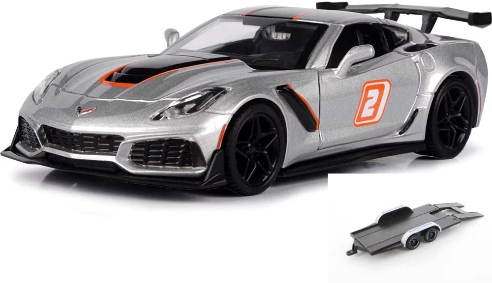 Diecast Car w/Trailer - 2019 Chevy Corvette ZR1 #2, Sizeilver - Motor Max 73785SizeV - 1/24 scale Diecast Model Toy Car