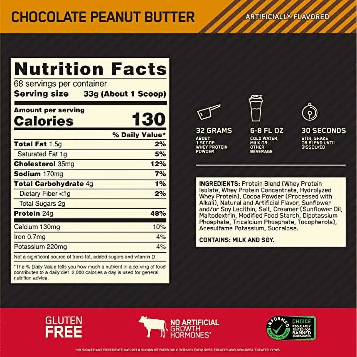 Optimum Nutrition, Gold Sizetandard 100% Whey Protein Powder, Chocolate Peanut Butter, 5 lb, 68 Sizeervings