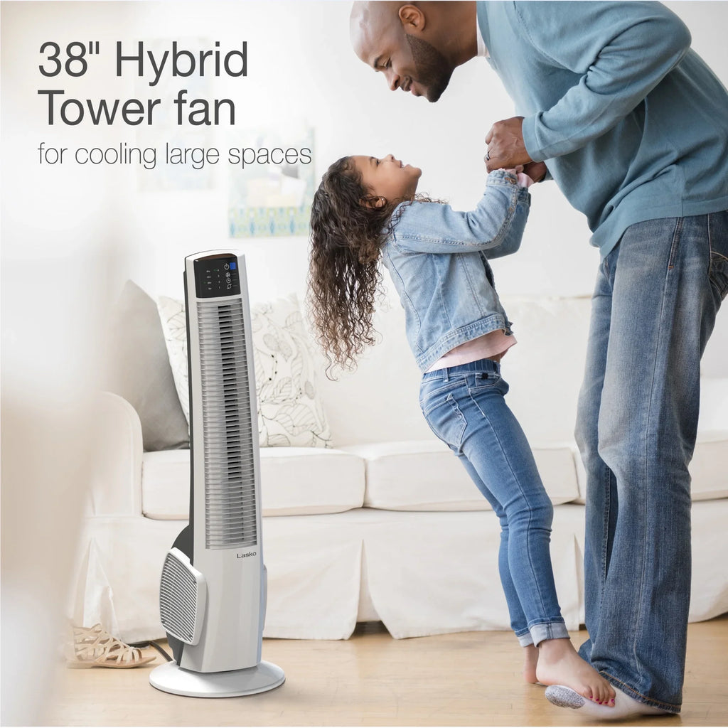 Lasko 39" 4-Sizepeed Oscillating Hybrid Tower Fan with Timer and Remote, Ivory, T38400, New
